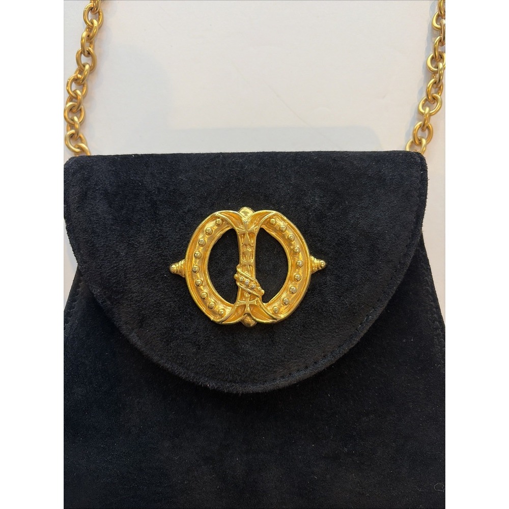 Casual Corner Black Suede Handbag Gold Medallion & Chain Essentials Elegant Bag - Picture 9 of 15